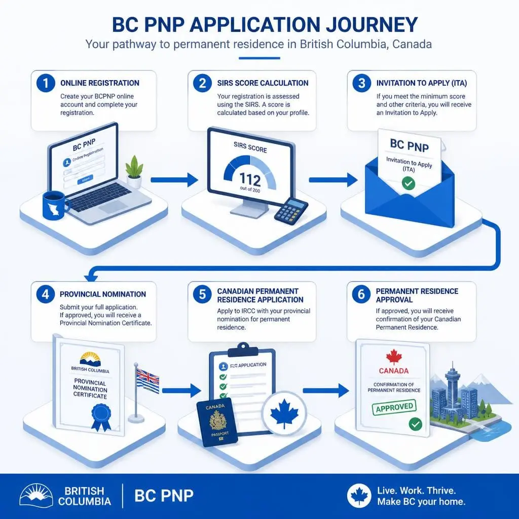 BC PNP Draw application process from registration to permanent residence.