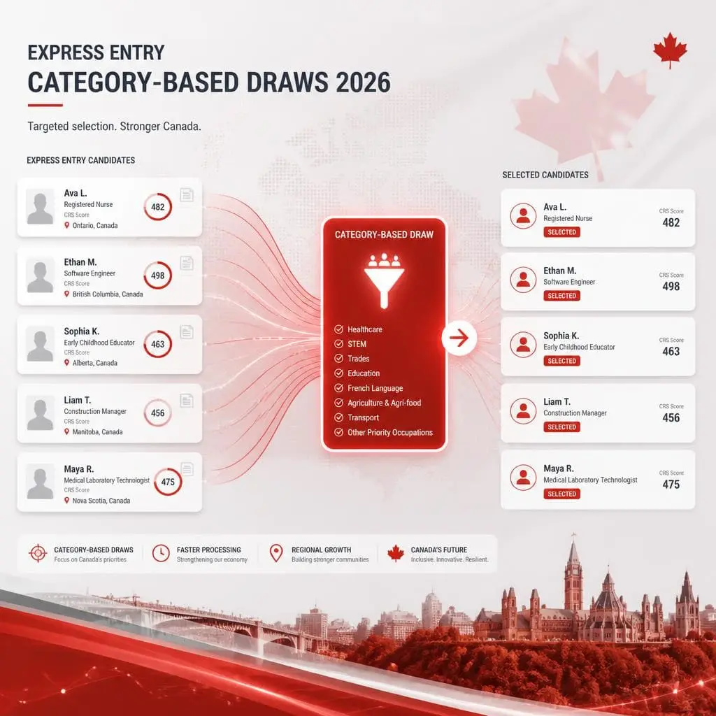 Express Entry Category-Based Draws 2026 showing candidates ranked by immigration categories