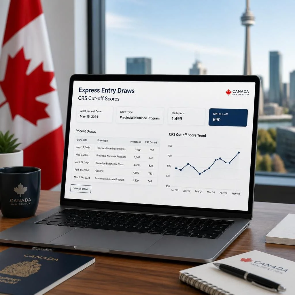 Express Entry Draws CRS cutoffs shown on a Canadian immigration dashboard