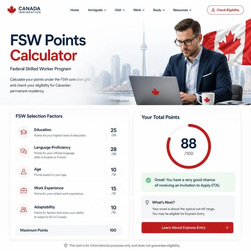FSW Points Calculator for Federal Skilled Worker immigration to Canada