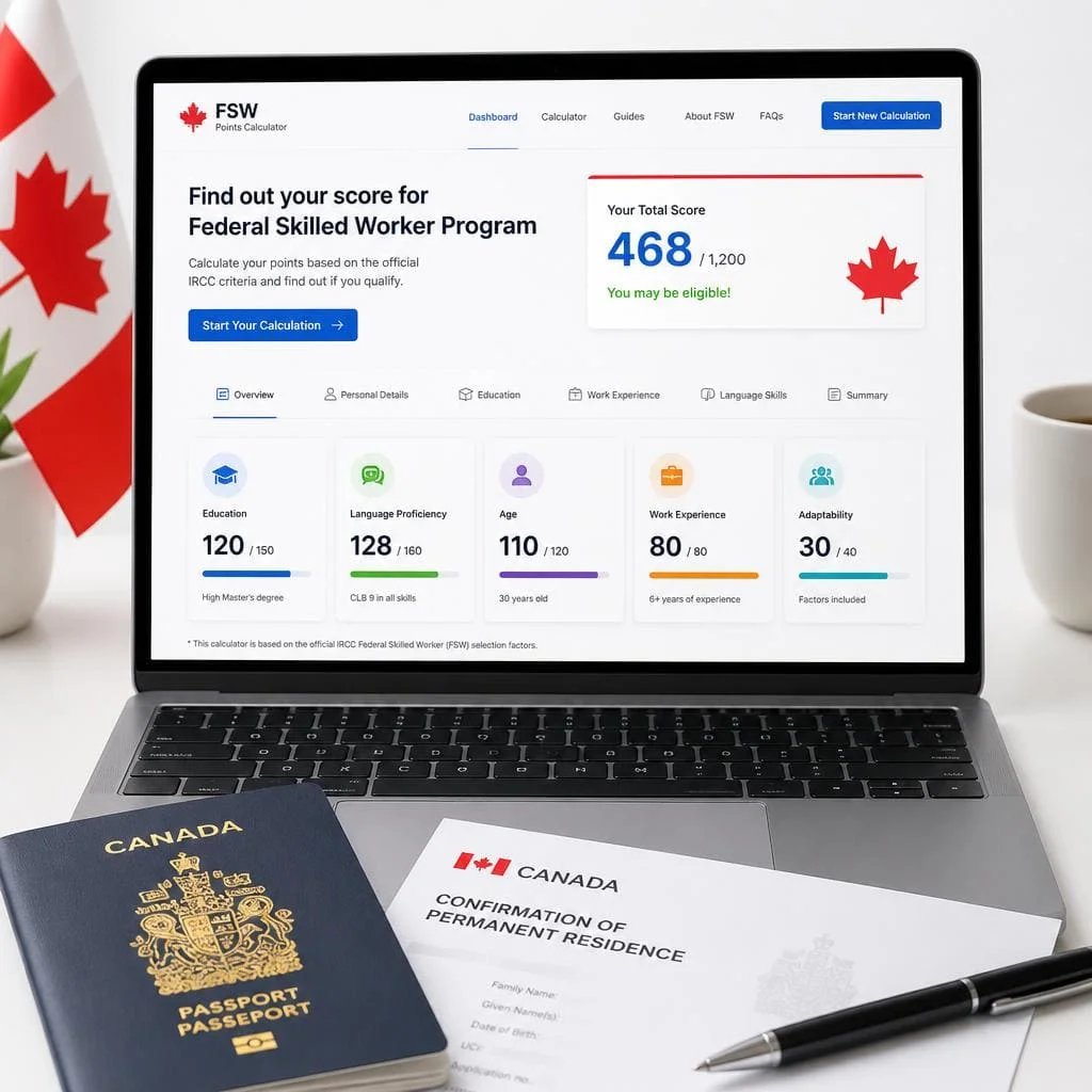 FSW Points Calculator showing Canadian immigration score factors