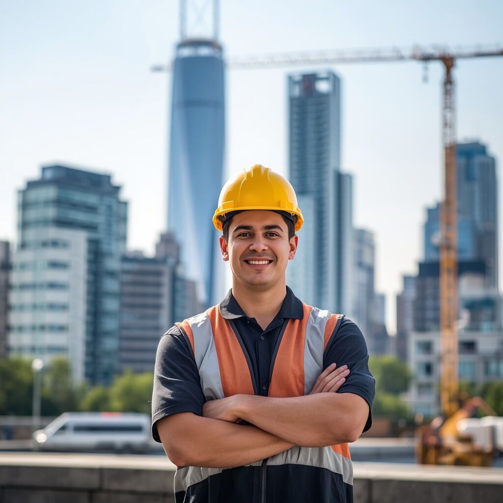 Skilled trades worker with Canadian city skyline