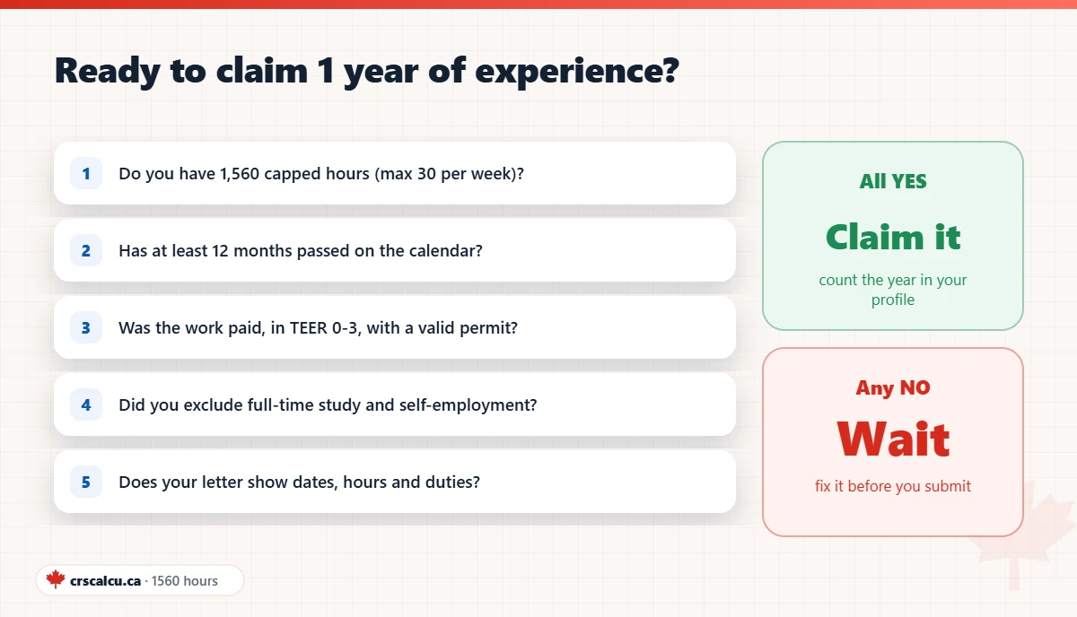 Checklist to confirm you meet the 1,560 hours and 12 months rule before you submit your Express Entry application