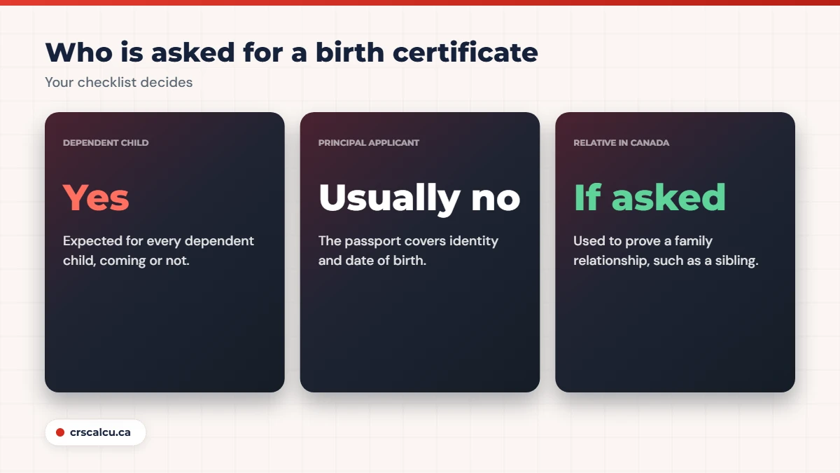 Who needs a birth certificate for Express Entry: dependent children, principal applicant, relative in Canada