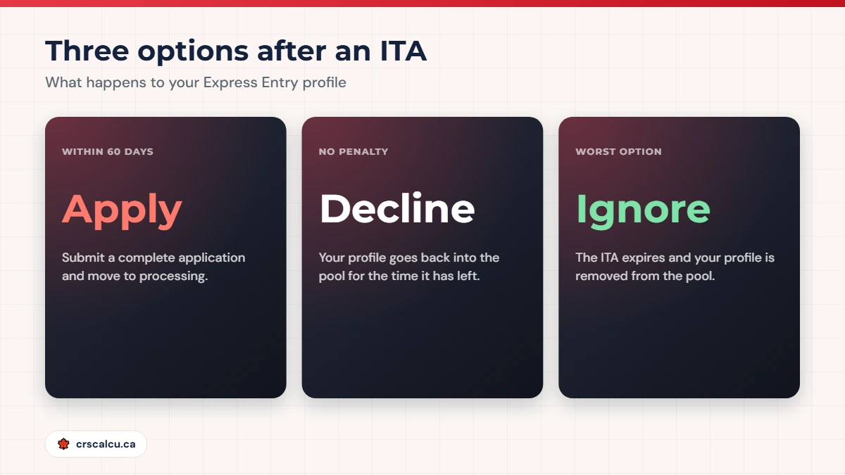 Decline ITA Express Entry options: apply within 60 days, decline with no penalty, or ignore and leave the pool