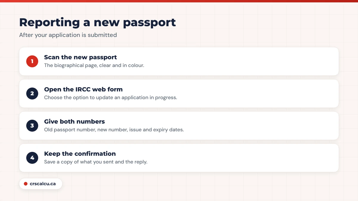 Steps to report a new passport for Express Entry through the IRCC web form