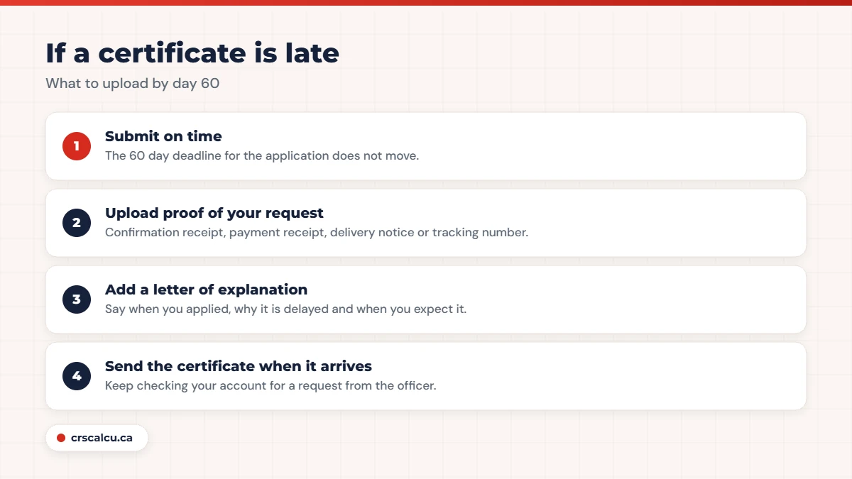 Steps if a police certificate for Express Entry is late: submit on time, upload proof, add a letter of explanation